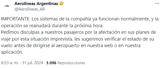 Comunicado de   <a href='https://www.cronica.com.ar/tags/Aerolíneas Argentinas'>Aerolíneas Argentinas</a>. 