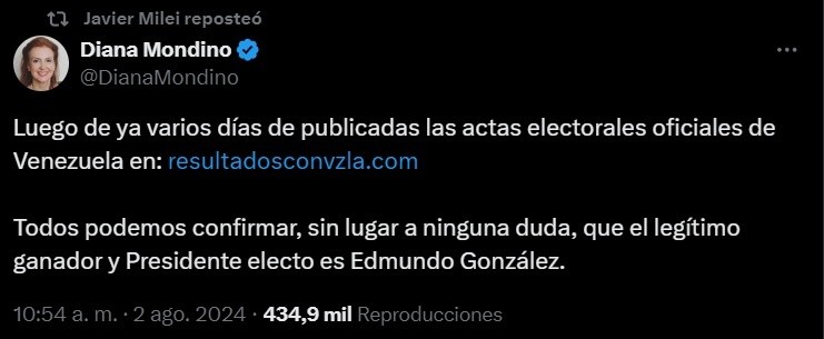 El posteo de la canciller Diana Mondino, reposteado por Javier Milei, desmentido por la Cancillería Argentina. 