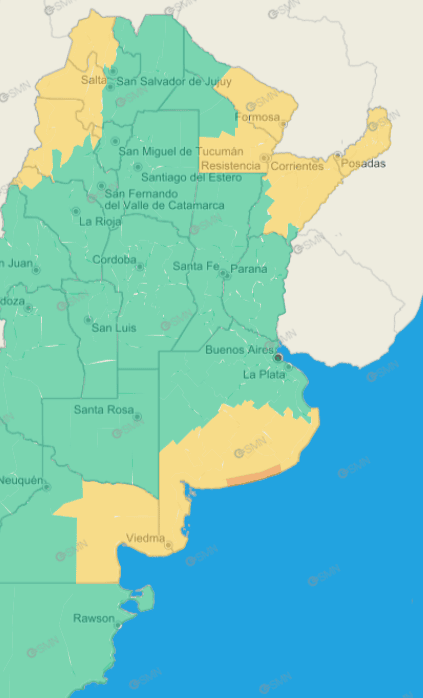 Gran parte de la provincia de Buenos Aires enfrenta alerta por lluvias, mientras que un sector se encuentra en alerta naranja por fuertes vientos (Imagen: Servicio Meteorológico Nacional).