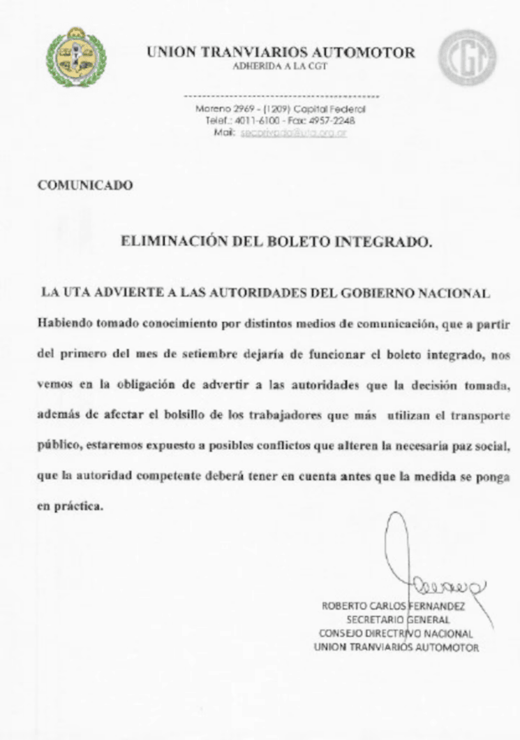 El comunicado de la   <a href='https://www.cronica.com.ar/tags/UTA'>UTA</a>.