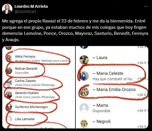 Detalles sobre los diputados del bloque libertario y colegas de Arrieta que participaban en el grupo de WhatsApp.