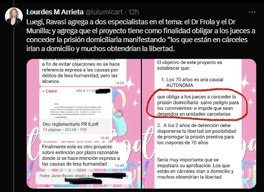 Captura que publicó Arrieta sobre el proyecto de ley que se discutió en el grupo. 