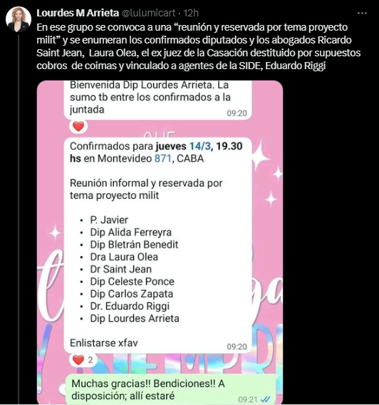  Más detalles publicados por la diputada Arrieta sobre las reuniones para acordar sobre las visitas a los genocidas al penal de Ezeiza.