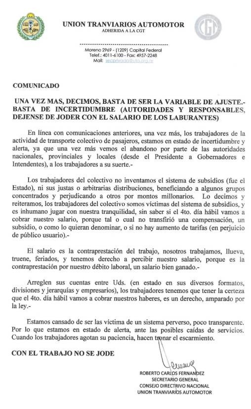 El comunicado de la   <a href='https://www.cronica.com.ar/tags/UTA'>UTA</a> en medio de la disputa por los subsidios al transporte.