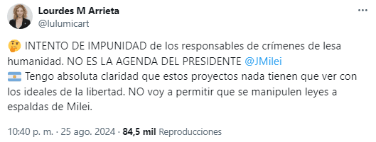 Publicación de la diputada Lourdes Arrieta en X. 