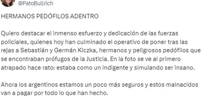  Es posteo de Patricia Bullrich (X).