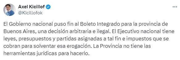 El mensaje de Axel Kicillof por el fin del Boleto Integrado.