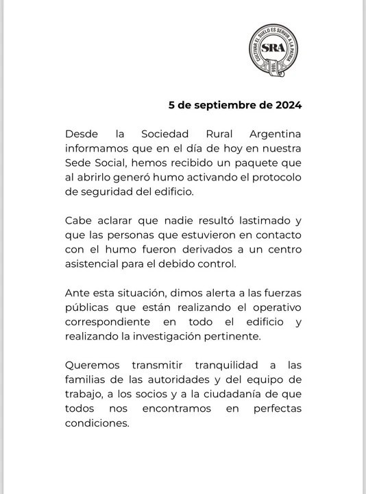 Este es el comunicado emitido por la SRA. 