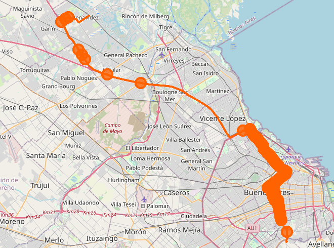 El recorrido más en Buenos Aires lo tiene la línea 15, que comienza en Valentín Alsina y finaliza en Benavidez (Imagen: Open Street Maps).