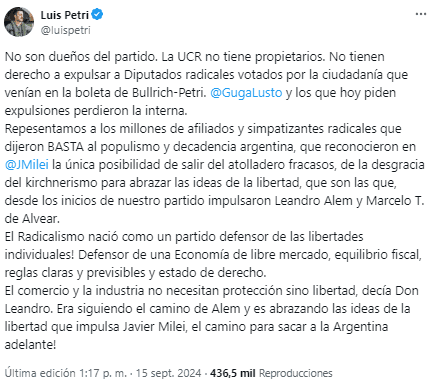  Posteo del ministro Luis Petri contra Martín Lousteau