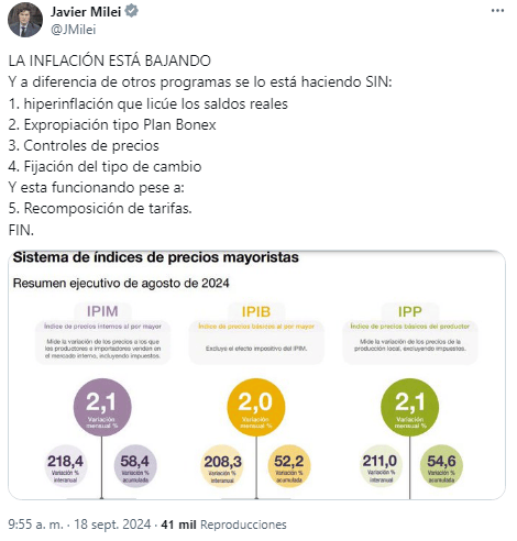 Publicación de Javier Milei sobre la inflación en la red social X. 