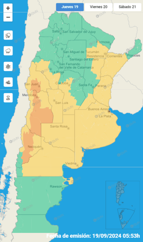  Mapa con las alertas meteorológicas vigentes para este jueves. (Foto: SMN)