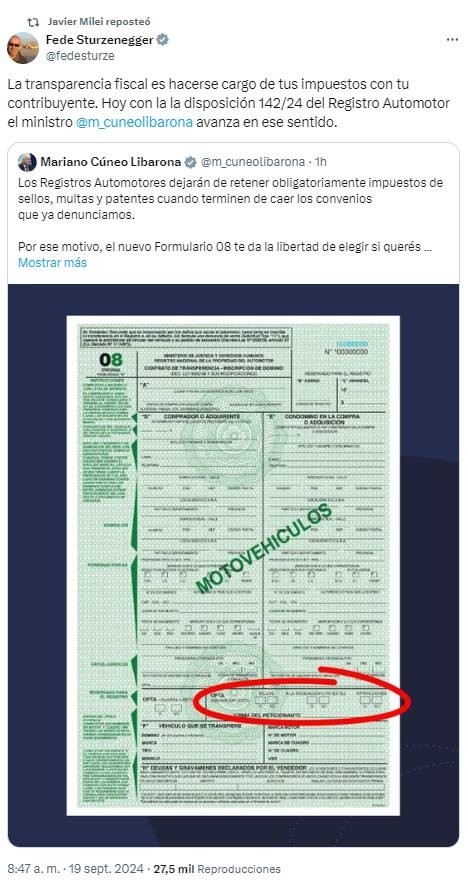 El mensaje de   <a href='https://www.cronica.com.ar/tags/Federico Sturzenegger'>Federico Sturzenegger</a> reposteado por el presidente Javier Milei.