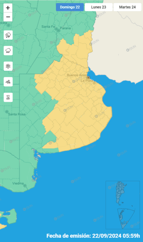  Mapa del alerta amarilla por tormentas que afecta a Buenos Aires y parte de la provincia de Entre Ríos. (Foto: SMN)