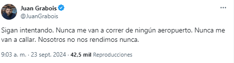 Posteo de Juan Grabois tras los polémicos episodios en el Aeropuerto de   <a href='https://www.cronica.com.ar/tags/Ezeiza'>Ezeiza</a> (X). 