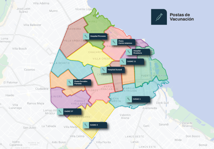 Mapa de los lugares habilitados para vacunarse contra el dengue en CABA (Imagen: gobierno de la   <a href='https://www.cronica.com.ar/tags/Ciudad de Buenos Aires'>Ciudad de Buenos Aires</a>).