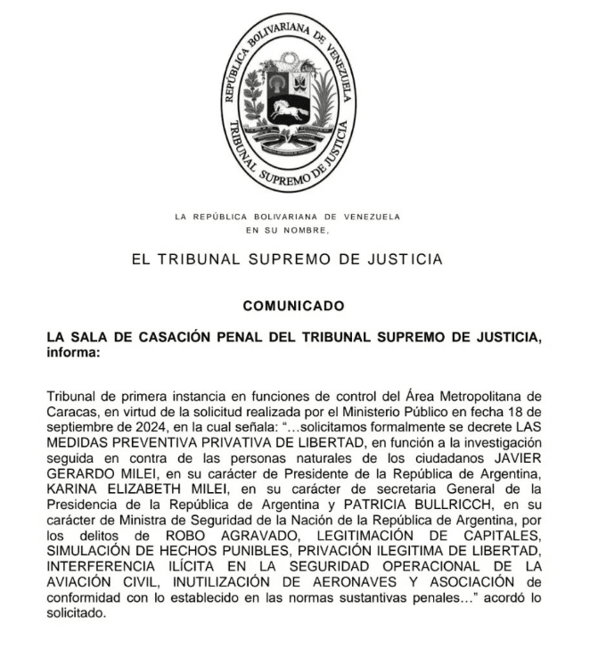 La Justicia de   <a href='https://www.cronica.com.ar/tags/Venezuela'>Venezuela</a> aprobó la orden de captura contra el presidente Javier Milei. 