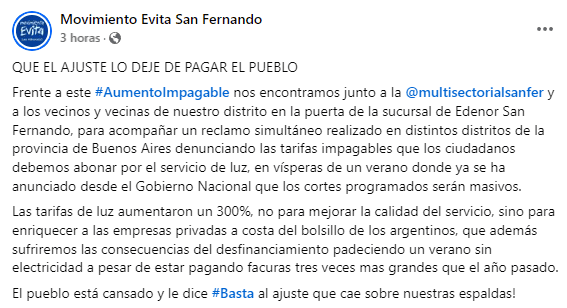 El posteo del Movimiento Evita   <a href='https://www.cronica.com.ar/tags/San Fernando'>San Fernando</a>.