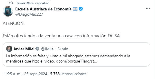   El posteo de Javier Milei contra la publicidad de una propiedad (X).