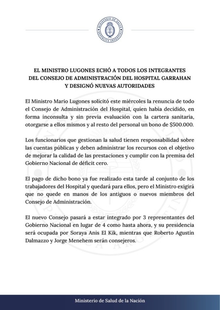 El comunicado del Ministerio de Salud.