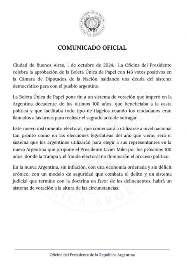 El comunicado de la Oficina del Presidente. (Foto: X)