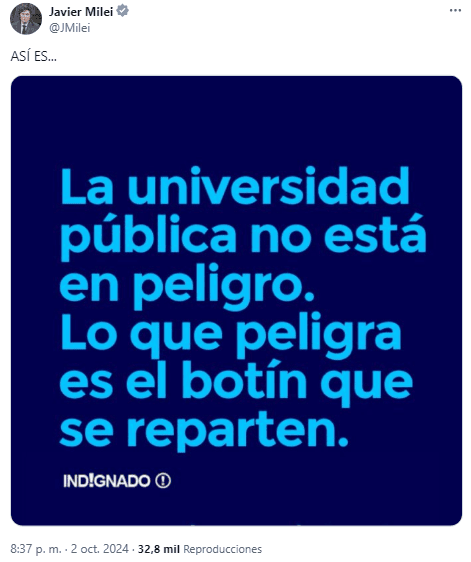  Posteo de Javier Milei contra la Marcha Universitaria (X).