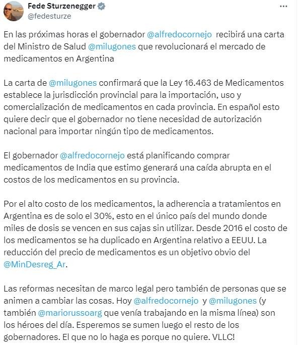 El anuncio de   <a href='https://www.cronica.com.ar/tags/Federico Sturzenegger'>Federico Sturzenegger</a> en sus redes sociales.