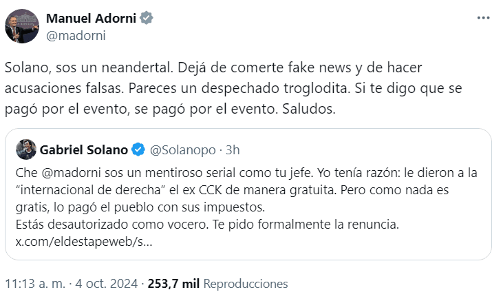 Adorni cruzó a Solano por la polémica de los fondos para el Foro de Madrid en el ex   <a href='https://www.cronica.com.ar/tags/CCK'>CCK</a>.