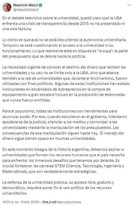 El mensaje de Mauricio Macri en sus redes sociales.