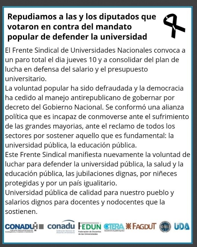  El comunicado oficial del Frente Sindical de Universidades Nacionales