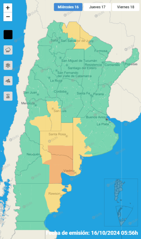 Mapa con las provincias afectadas por la alerta amarilla y naranja. (Foto: SMN). 