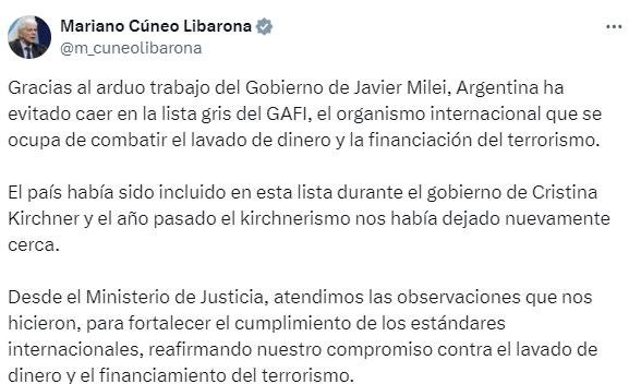 El mensaje de   <a href='https://www.cronica.com.ar/tags/Mariano Cúneo Libarona'>Mariano Cúneo Libarona</a> tras participar de la reunión del   <a href='https://www.cronica.com.ar/tags/GAFI'>GAFI</a>.