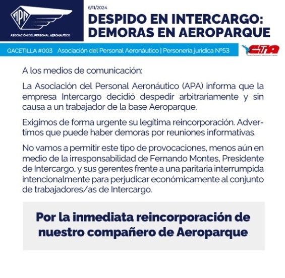 El mensaje de la Asociación del Personal Aeronáutico (APA) sobre el motivo de la asamblea que generó demoras.