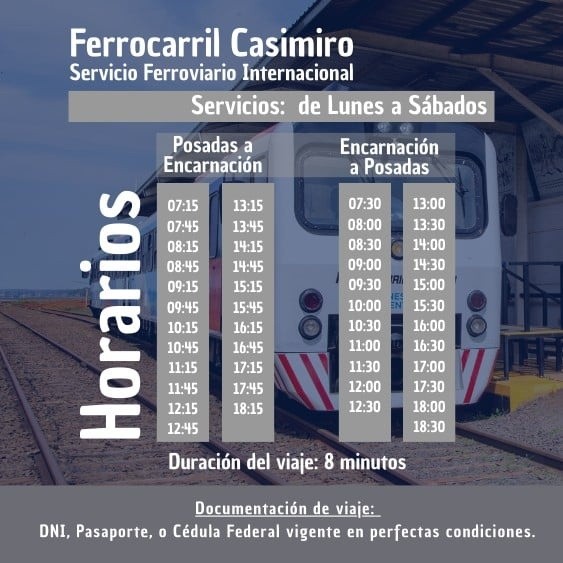  Cronograma de horarios del tren internacional que une Posadas con Encarnación.