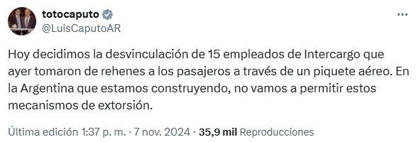 Luis Caputo anunció el despido de 15 empleados de la empresa   <a href='https://www.cronica.com.ar/tags/Intercargo'>Intercargo</a>.