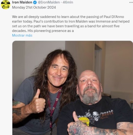  Paul Di’Anno junto al bajista de Iron Maiden, Steve Harris (Instagram).