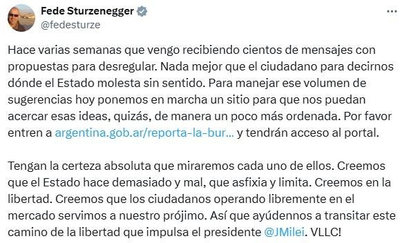 El mensaje de   <a href='https://www.cronica.com.ar/tags/Federico Sturzenegger'>Federico Sturzenegger</a> en sus redes sociales.