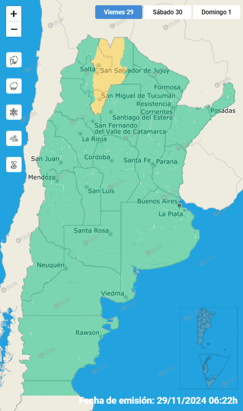  Mapa de las provincias que están bajo alerta meteorológica por tormentas este viernes. (Foto: SMN).