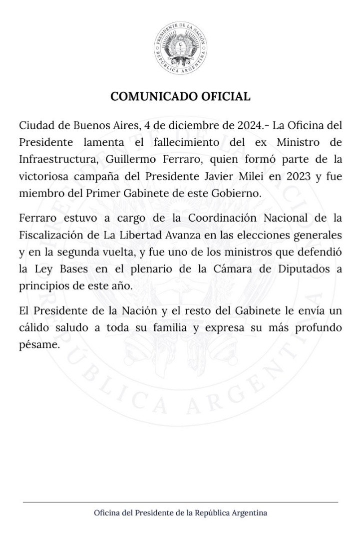 El comunicado oficial de la Oficina del Presidente Javier Milei.