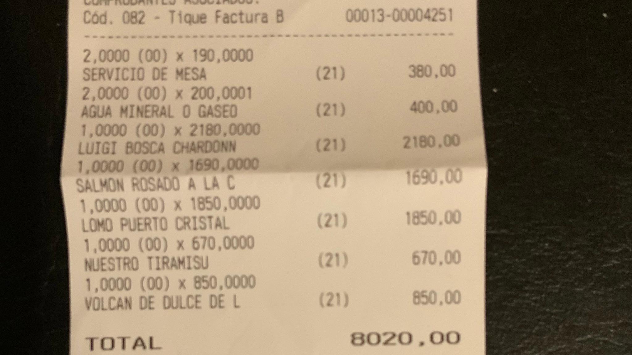 El ticket, de $8.020, pertenece a establecimiento gastronómico que se encuentra situado en el corazón de Puerto Madero.