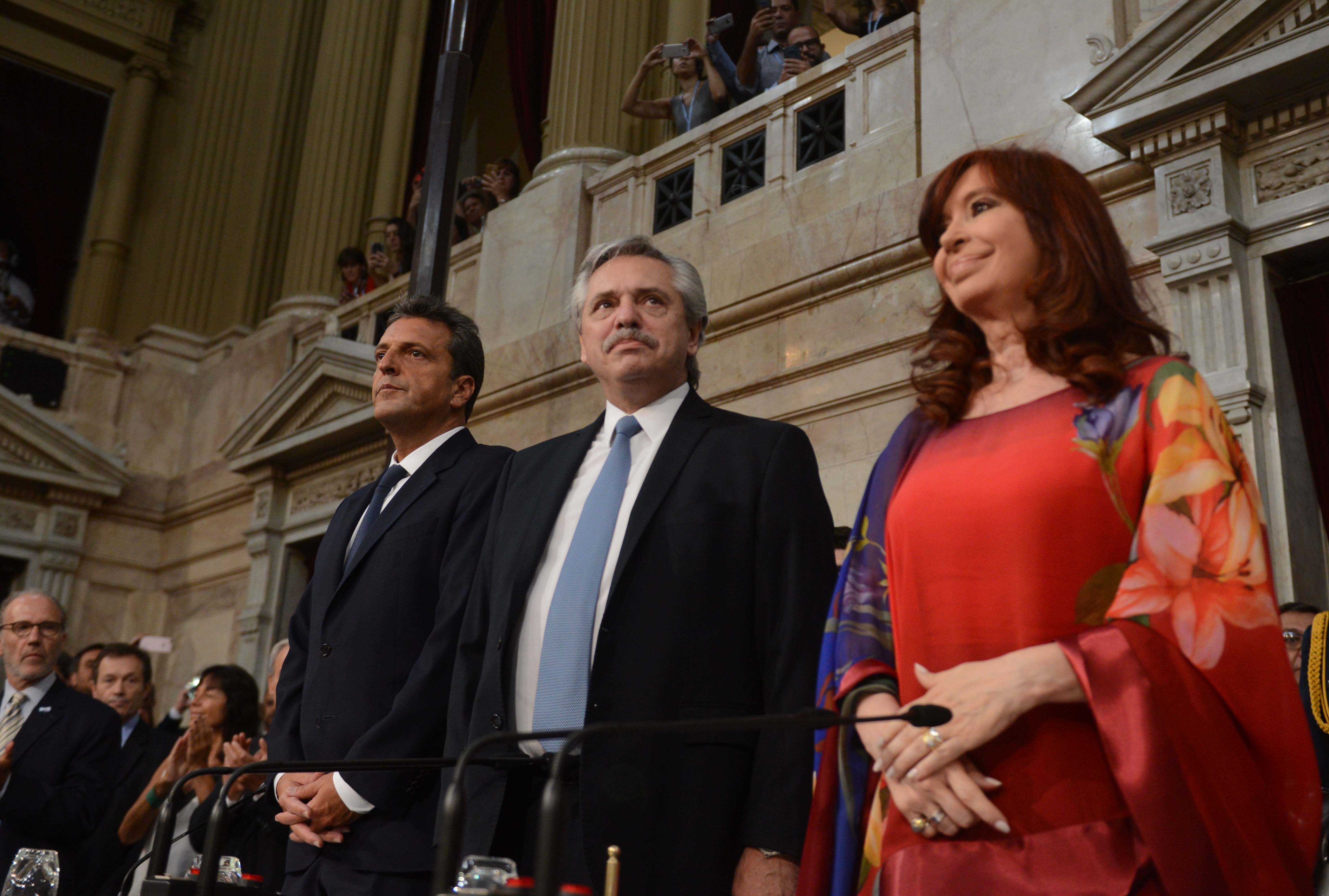 Alberto Fernández, Cristina Kirchner y Sergio Massa, en la apertura de sesiones del 2021. (Hernan Nersesian/Crónica)