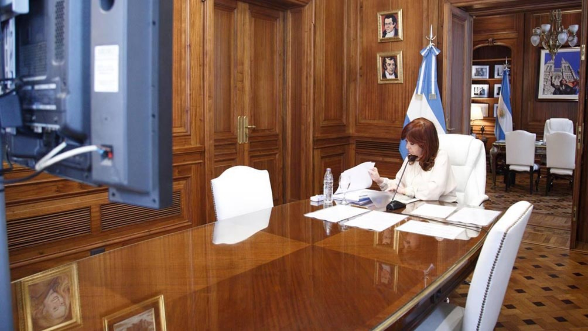 Cristina Fernández de Kirchner declaró via Zoom desde su despacho en el Senado (Télam).