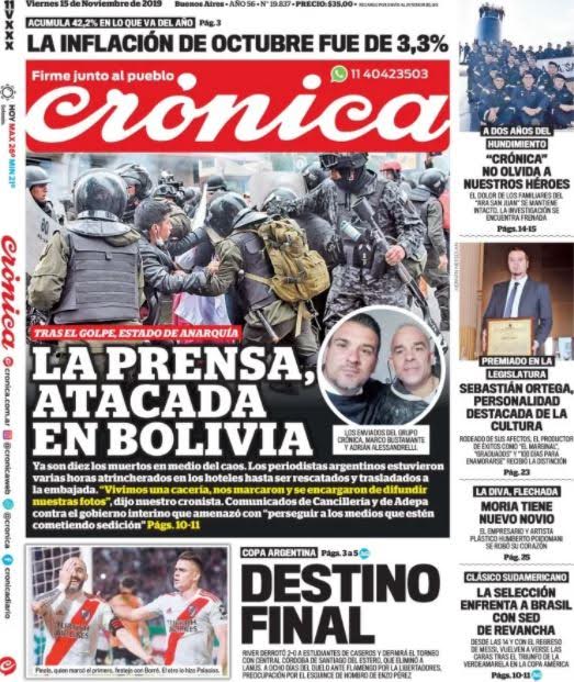 La tapa de Crónica del día de la agresión a nuestro equipo.