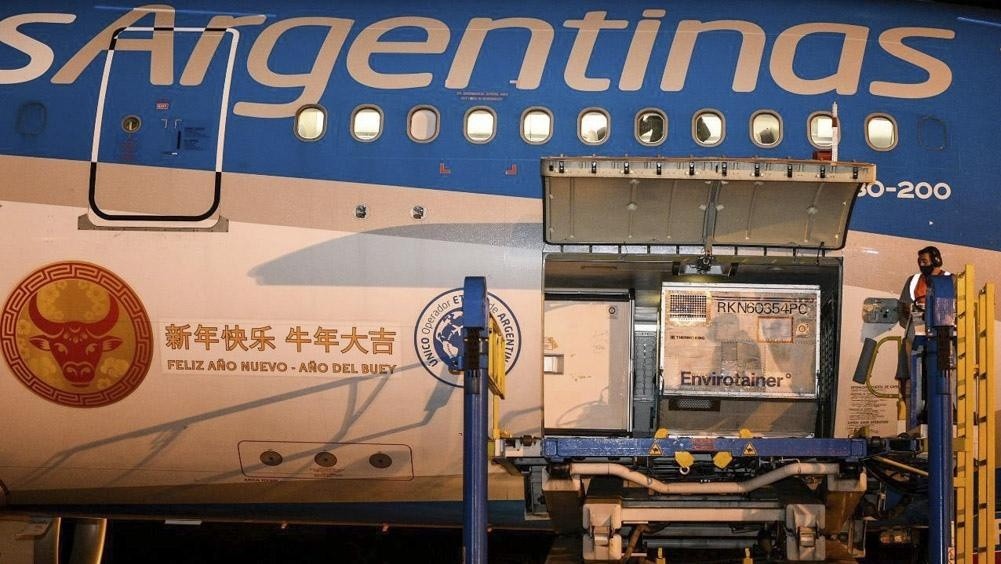 Así cargaban las dosis en el avión de Aerolíneas Argentinas.