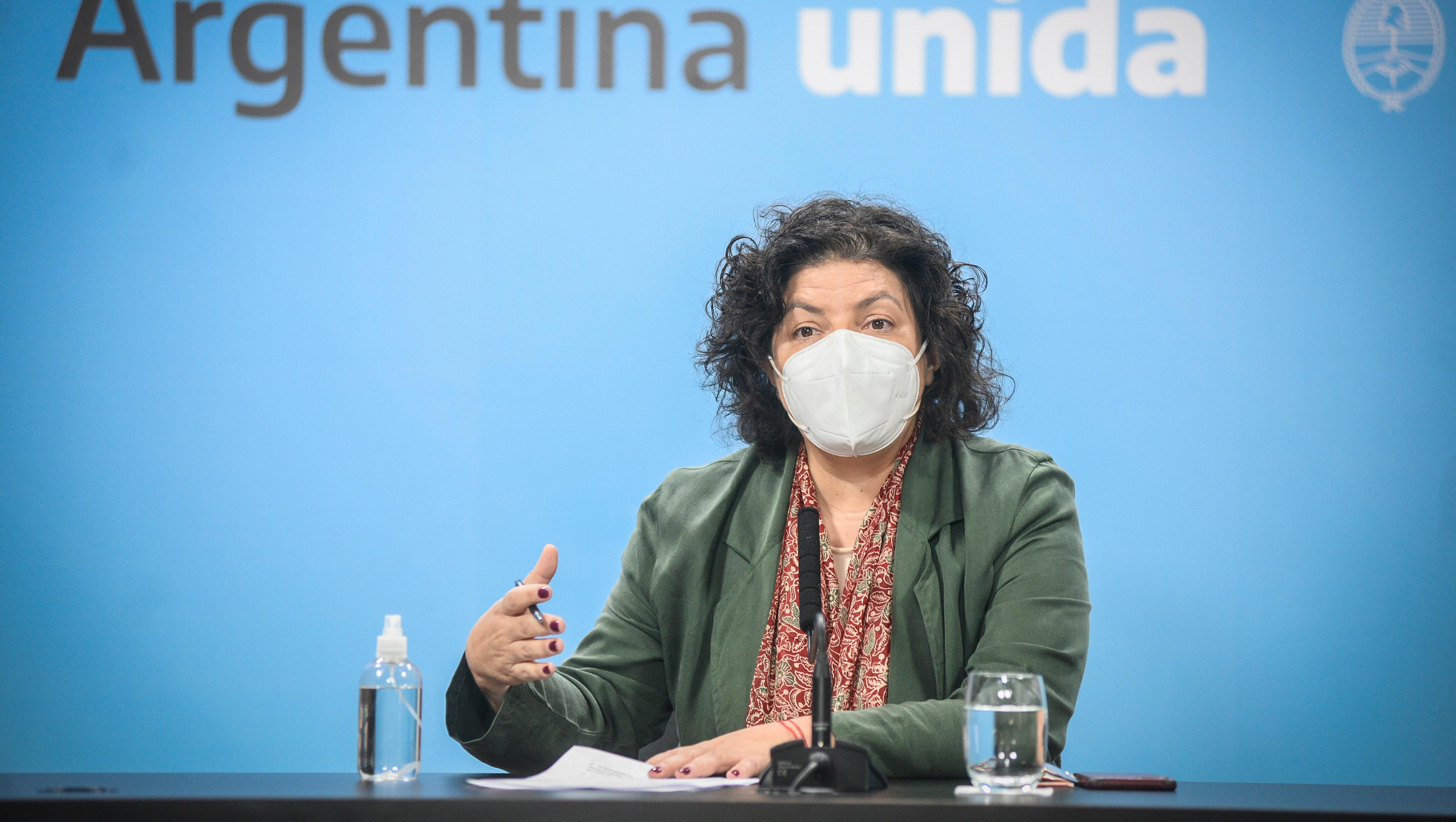 La ministra de Salud de la Nación, Carla Vizzotti, en conferencia de prensa esta mañana (Presidencia).