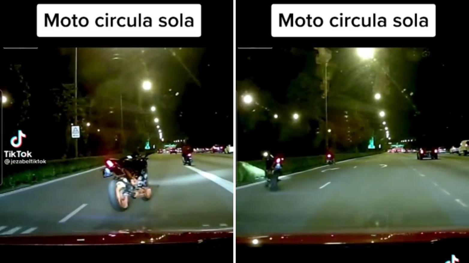 En las imágenes se ve a una motocicleta que va zigzagueando en medio de una autopista durante la noche, pero ninguna persona la conduce.