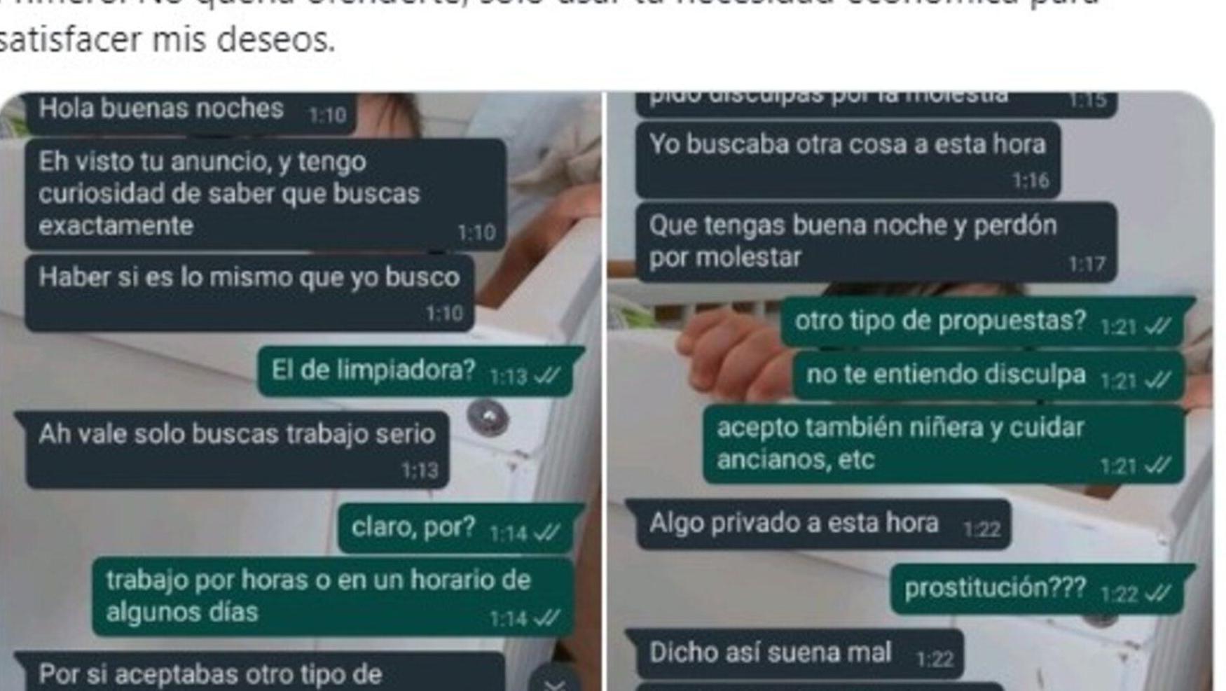 Los mensajes en los que varios hombres quisieron contratar a la mujer como trabajadora sexual.