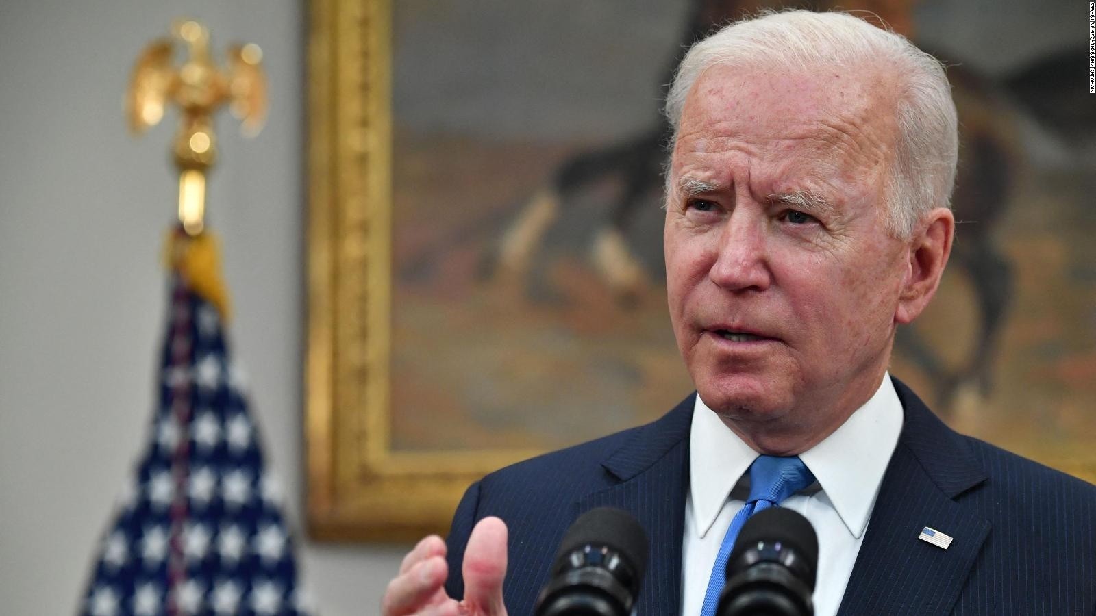 US President Joe Biden speaks about the Colonial Pipeline cyber attack, in the Roosevelt Room of the White House in Washington, DC, on May 13, 2021. - The Colonial Pipeline network shut down by a cyber attack said t has resumed fuel deliveries, but gas stations up and down the east coast were still facing shortages after a wave of panic buying. (Photo by Nicholas Kamm / AFP) (Photo by NICHOLAS KAMM/AFP via Getty Images)