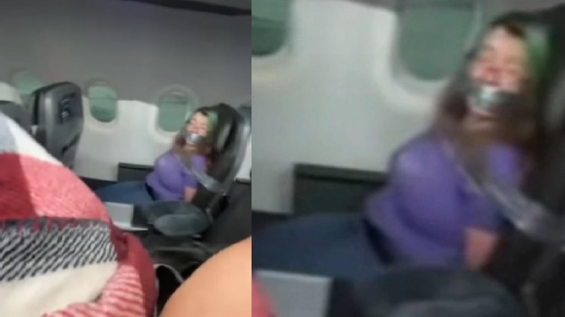 Mujer fue atada con cinta de embalar en pleno vuelo de American Airlines (TikTok). 