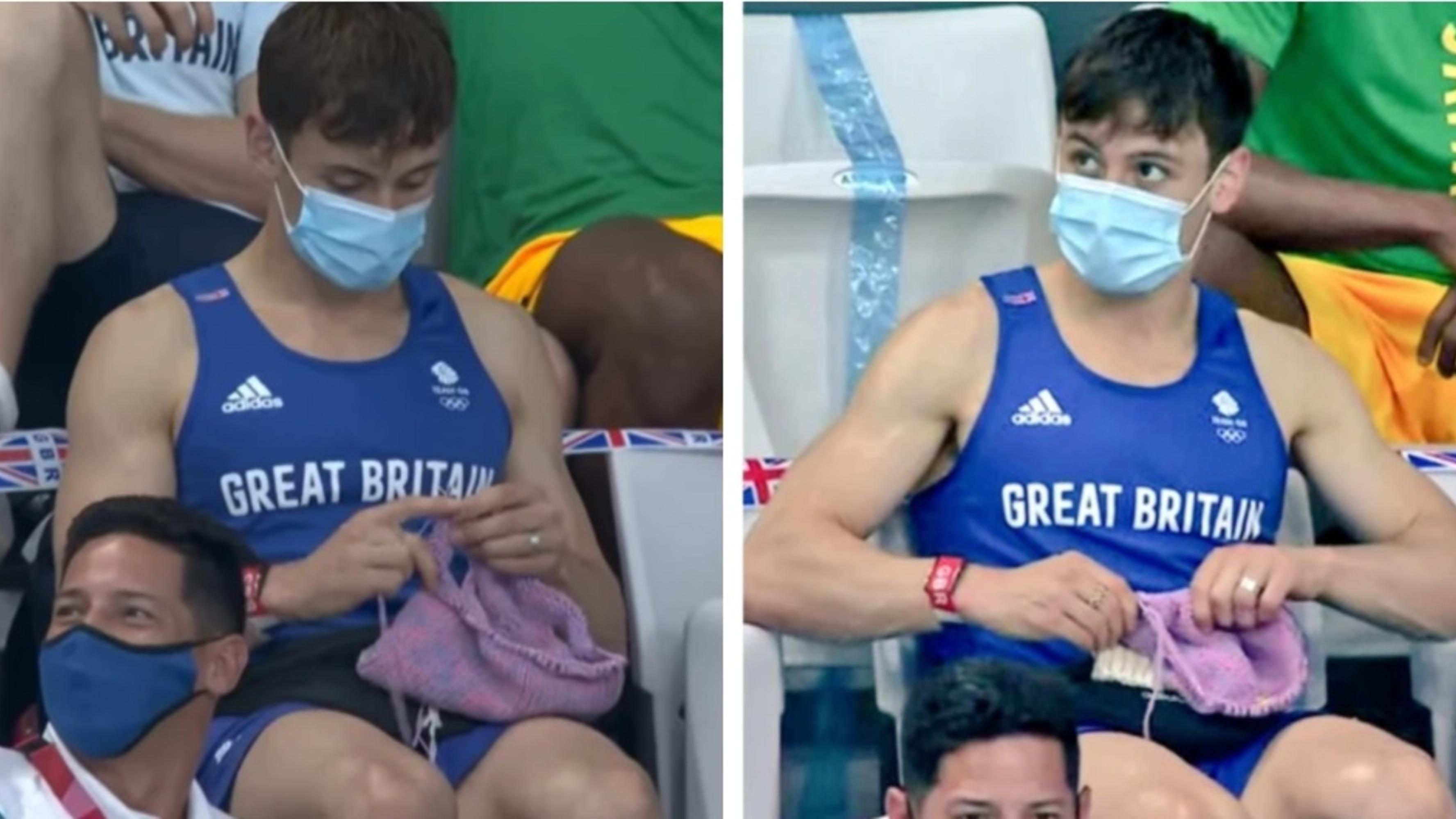 Tom Daley tejiendo en medio de las finales de trampolín en mujeres. (Captura video)